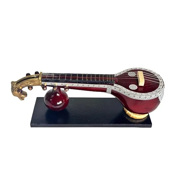 Generic Saraswati Veena Miniature (25x8x8cms) Wood and Clay Showpiece for Office Desk